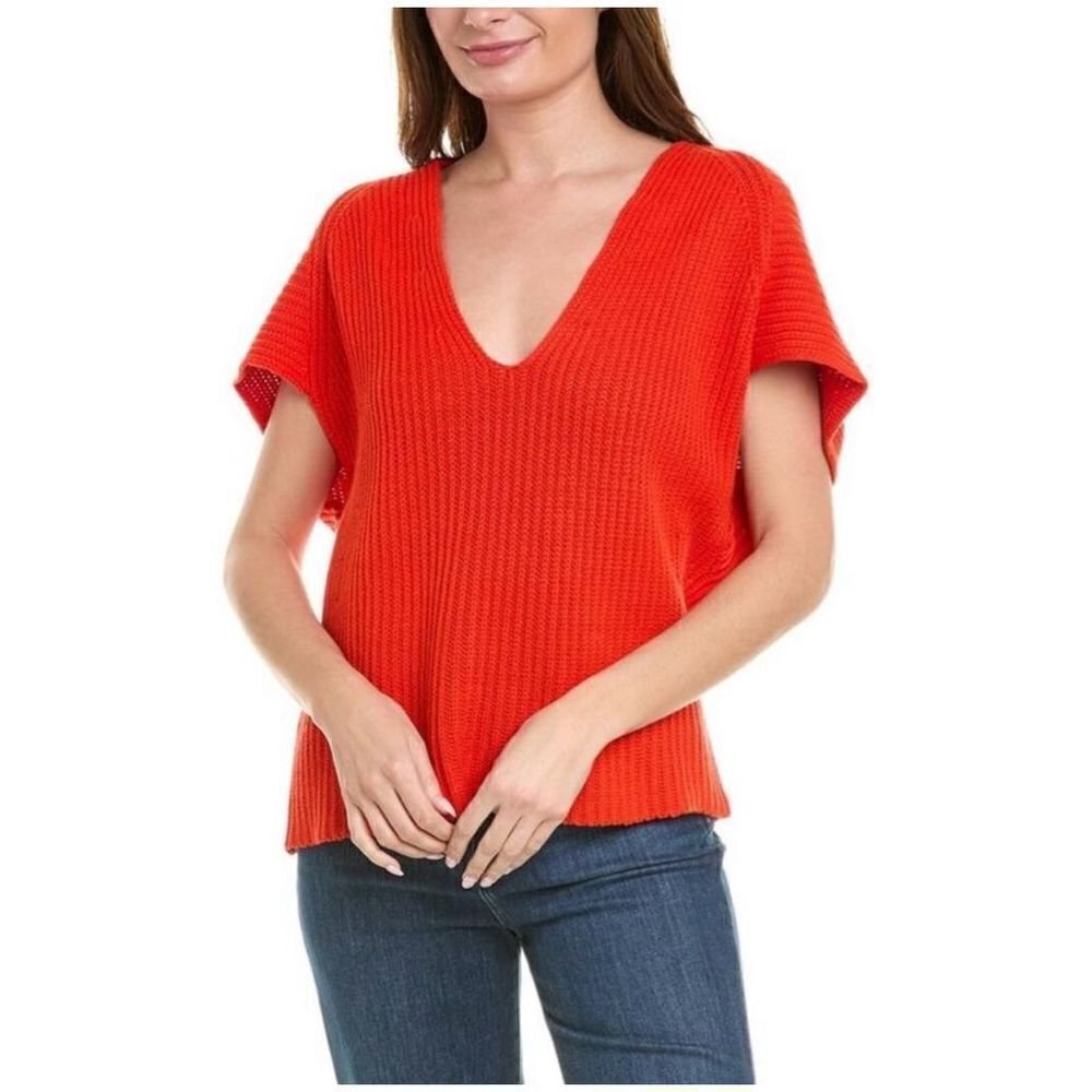 CAbi Ruby Red Slouchy Knit‎ Pullover Short Sleeve V-Neck Sweater
